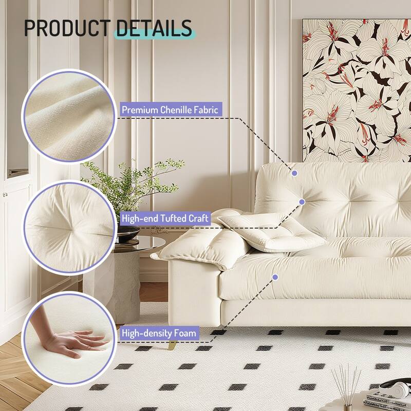 Homy Casa 4-Seat Cloud Sofa with Wide Removable Armrests & Pillows, Golden Legs, Beige Grey