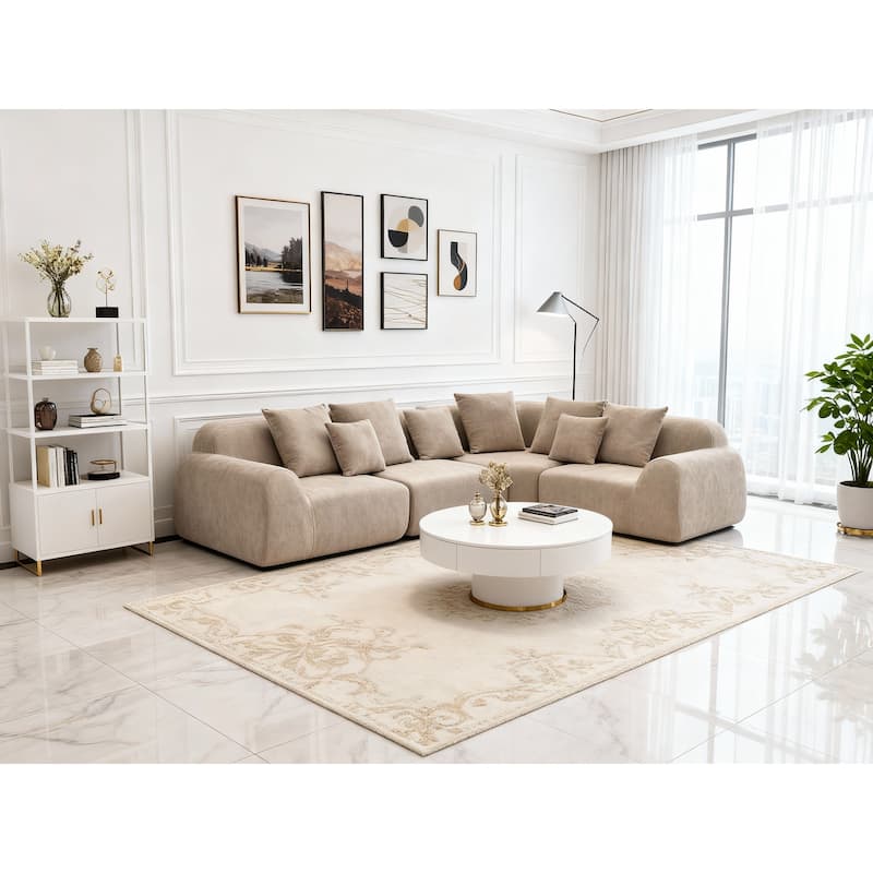 Boneless Sectional Cloud Couch Sofa for Living Room, 118" L-Shape Modular Velvet Sofa Modern Lounge Sleeper Couches with Chaise - Beige
