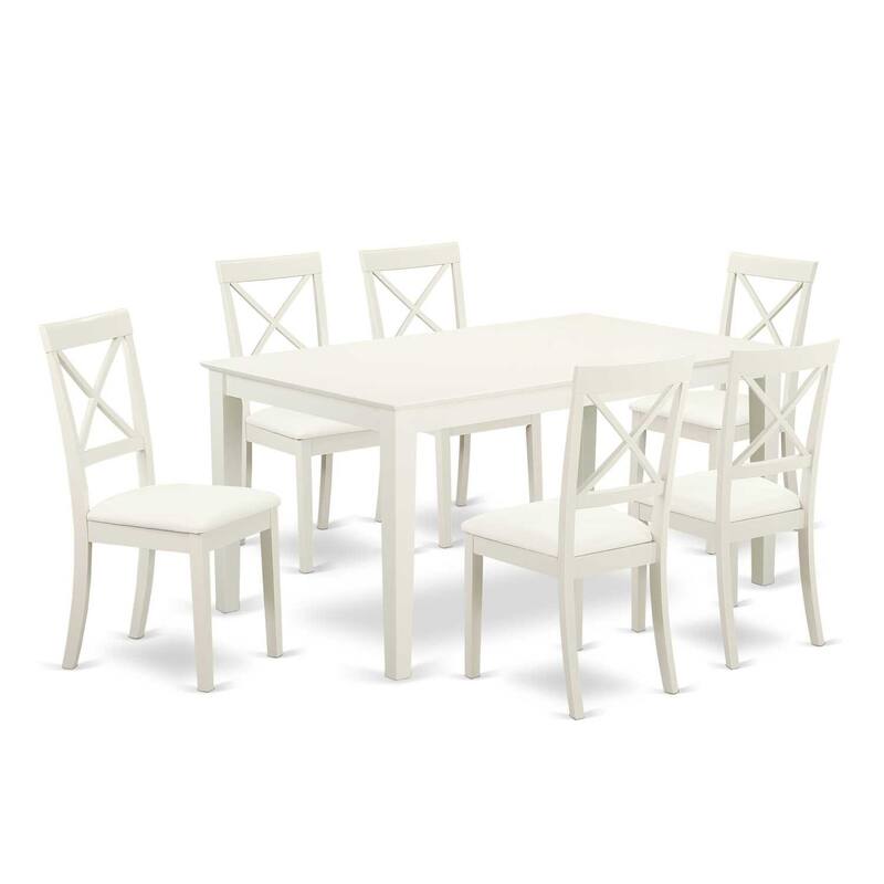 HomeStock 7-Piece Linen White Finish Solid Wood Top Dining Table with 6 Chairs with Lattice Back