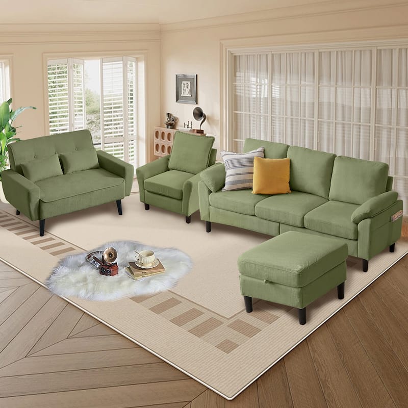 4-Piece Corduroy Living Room Sectional Sofa Set with Loveseat and Chair