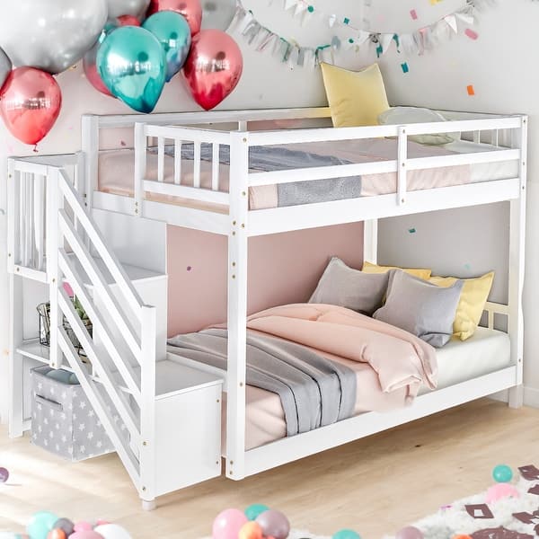 slide 2 of 10, Twin over Twin Floor Bunk Bed, Ladder with Storage, White White - Full