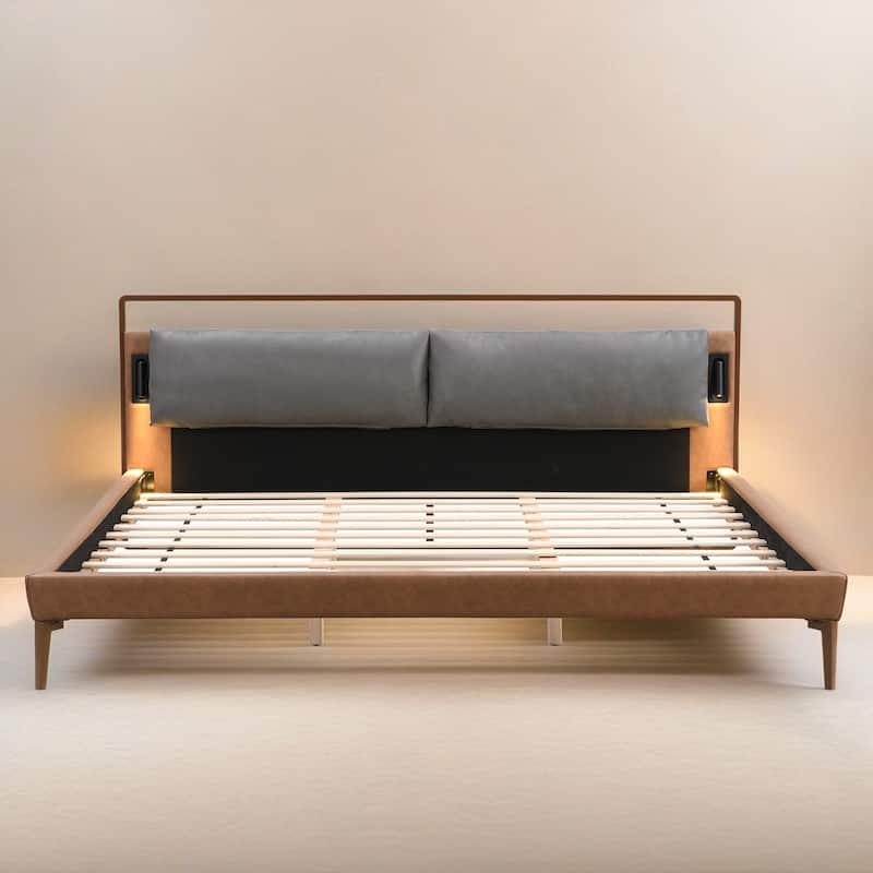 Brown&Gray Leather King Bed with 2pcs Night Lights