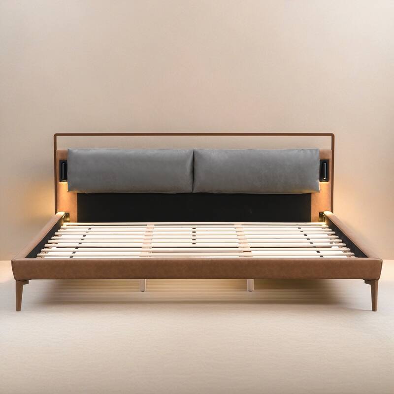 Leather Upholstered Platform Bed, Faux Leather Headboard with 2 LED Lights - Brown+Gray - King