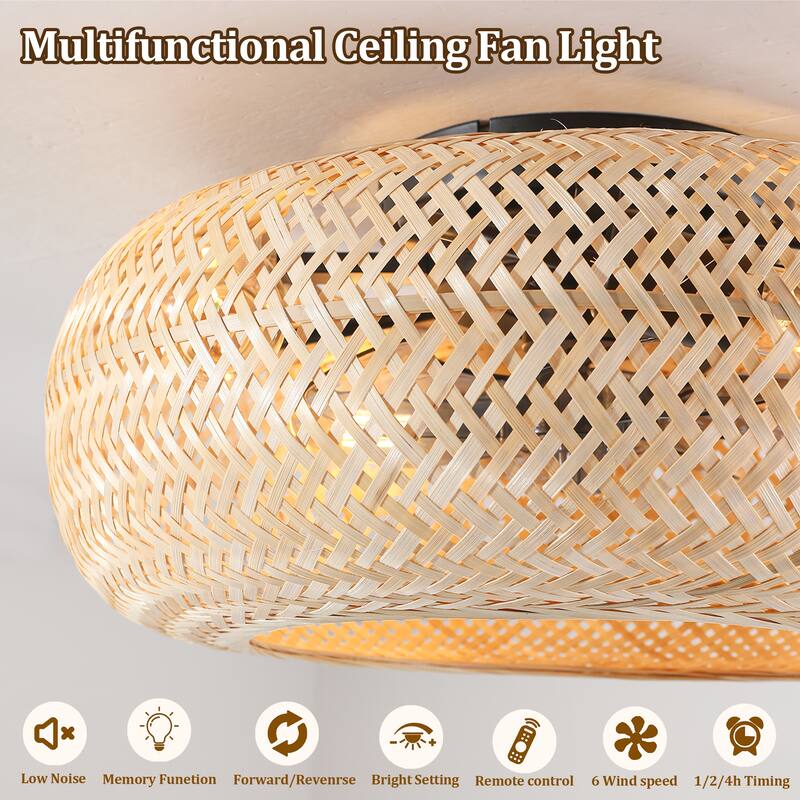 19" Rattan Ceiling Fan with 4 Bulbs, Dimmable, Remote Control,7 Blades, Reversible DC Motor - Yellow Brown