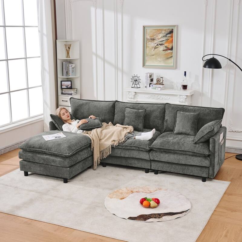 101.9" L-shaped Cashmere Sectional Sofa with Pillows and Movable Ottoman