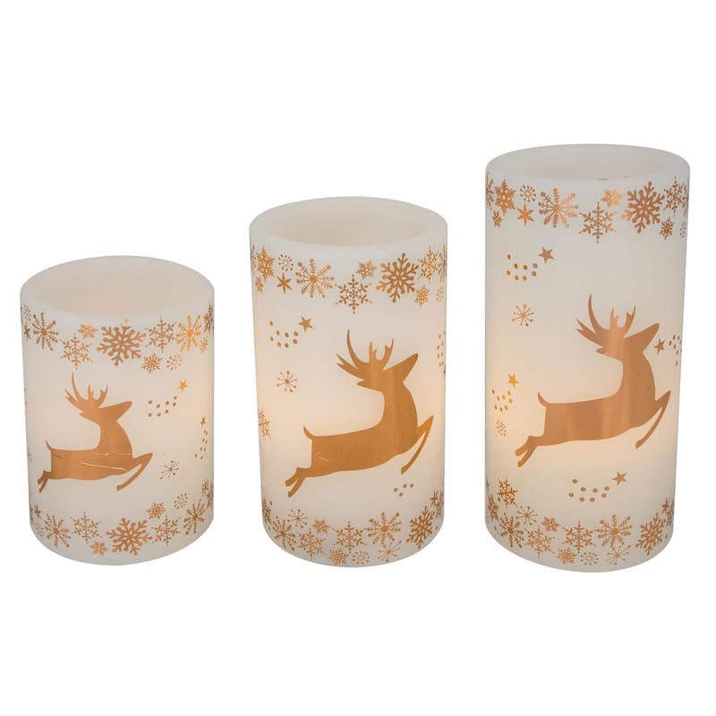 LED Reindeer Flameless Flickering Wax Pillar Christmas Candles - 6" - Set of 3