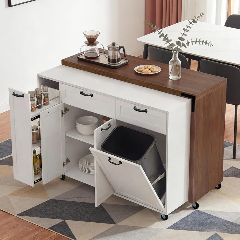 102.3" Kitchen Island with Extendable Dining Table, Rolling Cart with Trash Storage, 3-Tier Pull-Out Spice Rack & Wheels