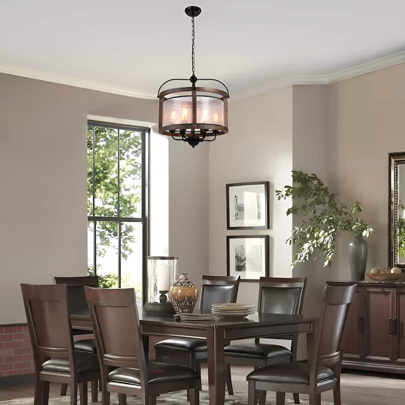 6 - Light Lantern Round Texture Drum Shade Wood Metal Frame Island Pendant Lamp Rustic - Brown/Black
