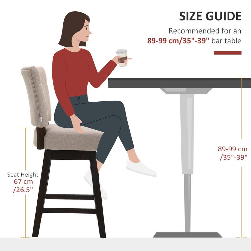 HOMCOM Swivel Bar Stools Set of 2, Fabric Tufted Counter Height Bar Stools with Rubber Wood Legs and Footrest for Dining Room