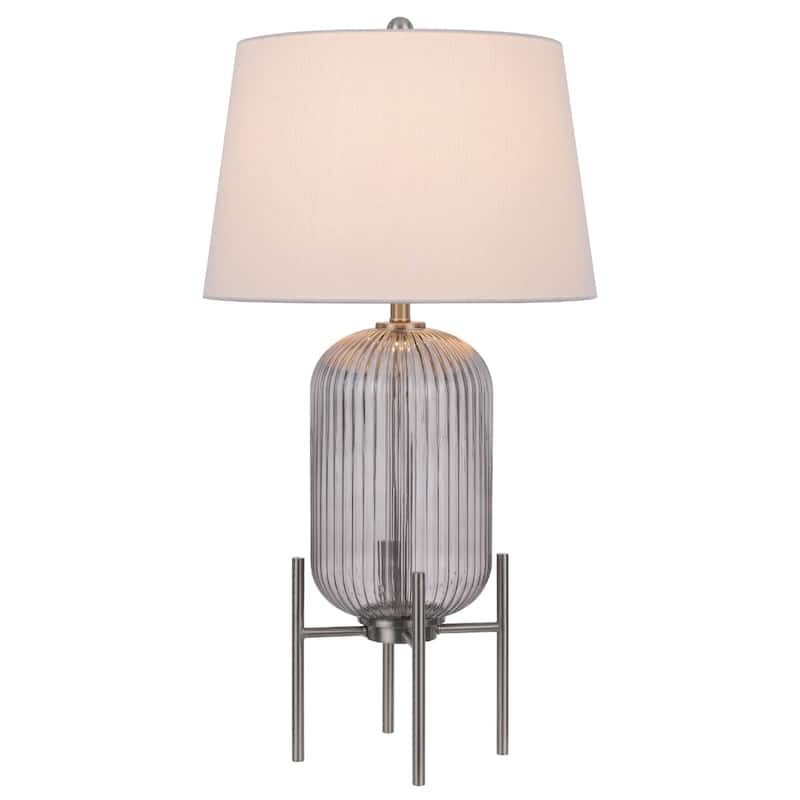 33" Contemporary Nickel Glass Round Table Lamp with White Linen Shade and 3-Way Switch for Living Room - 32.5”H x 17”W x 17”D