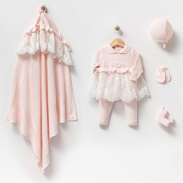 slide 2 of 3, Newborn Baby Girl Lace Homecoming Set - 5 Piece Pink