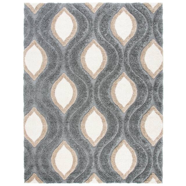 SAFAVIEH Florida Shag Bertille Geometric 1.2-inch Thick Rug - 5'3" x 7'6" - Grey/Ivory