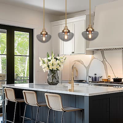 Modern 1-Light Gold Kitchen Island Pendant Light Grey Glass Hanging Light for Dining Room - 8.5"Dia x 22"H