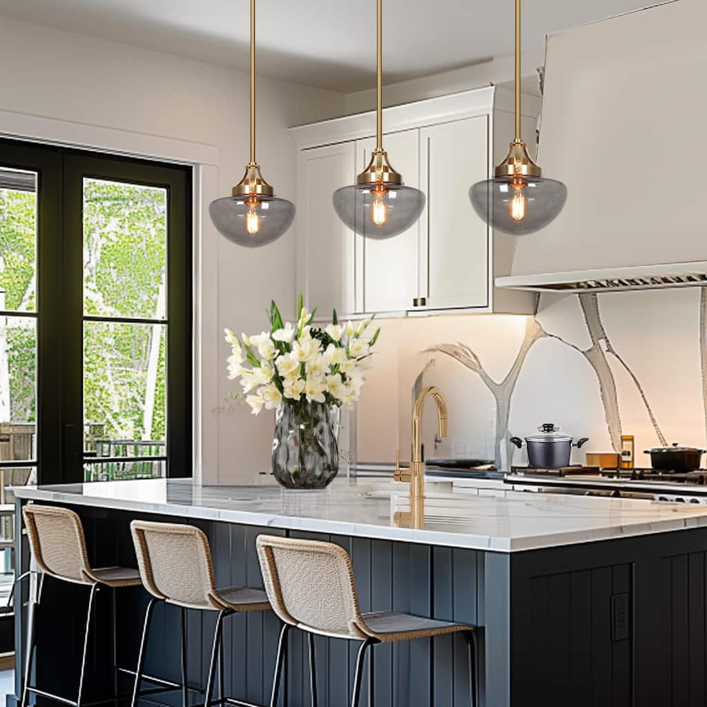 Modern 1-Light Gold Kitchen Island Pendant Light Grey Glass Hanging Light for Dining Room - 8.5"Dia x 22"H