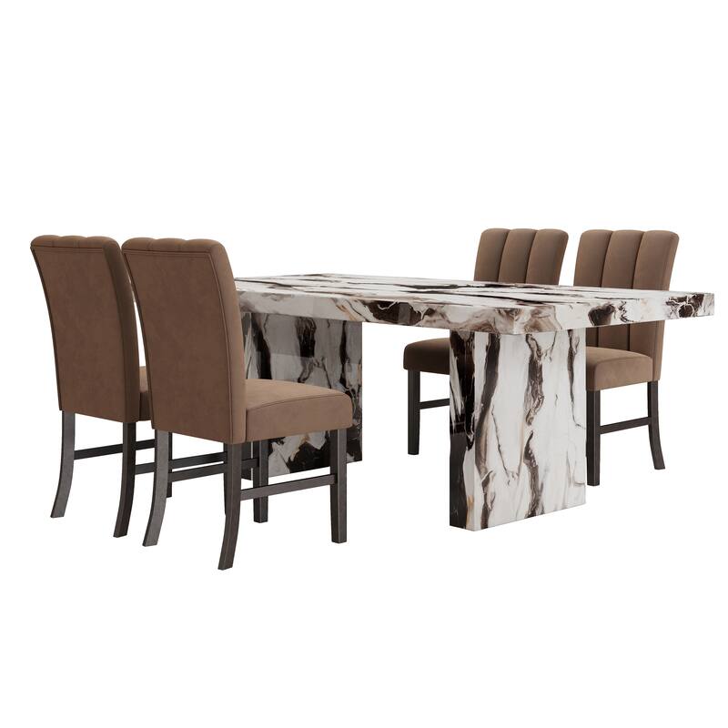 Roundhill Furniture Cavira 5-Piece Modern Faux Marble Dining Set, Double Pedestal Table with 4 Upholstered Chairs