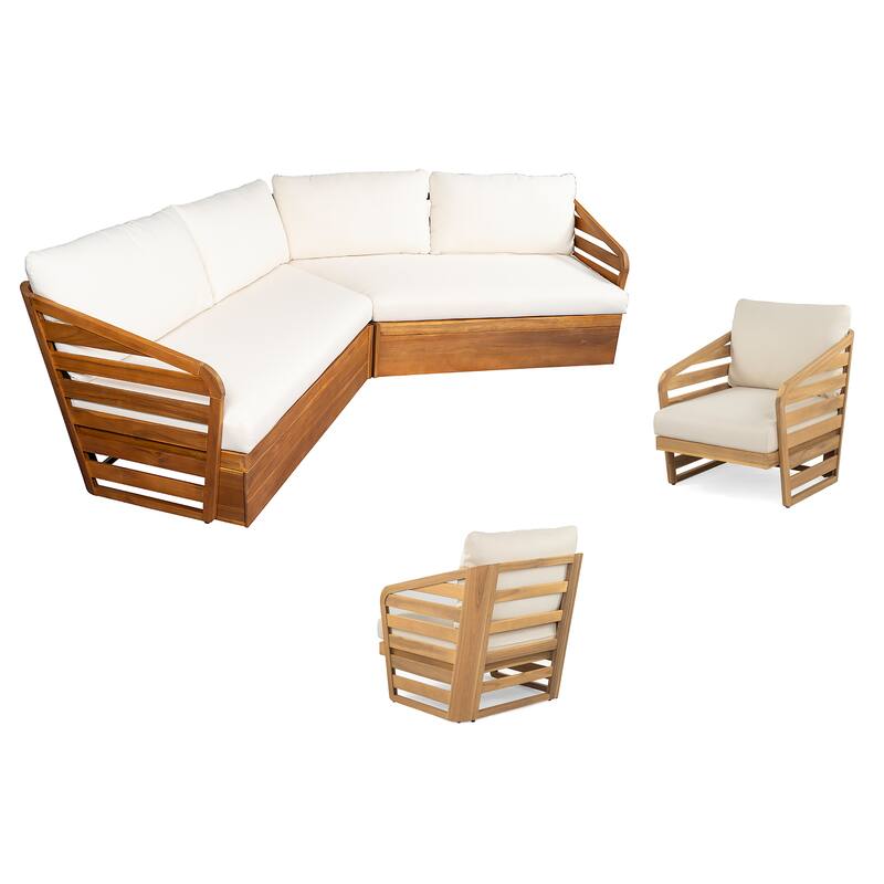 Christopher Knight Home - Vaniel Patio Acacia Wood V Sofa With Dual Club Chair
