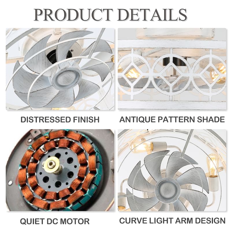 20" Vintage Cream White Caged Light Ceiling Fan, Flush Mount Drum Shaped Classic Ceiling Fan for Bedroom