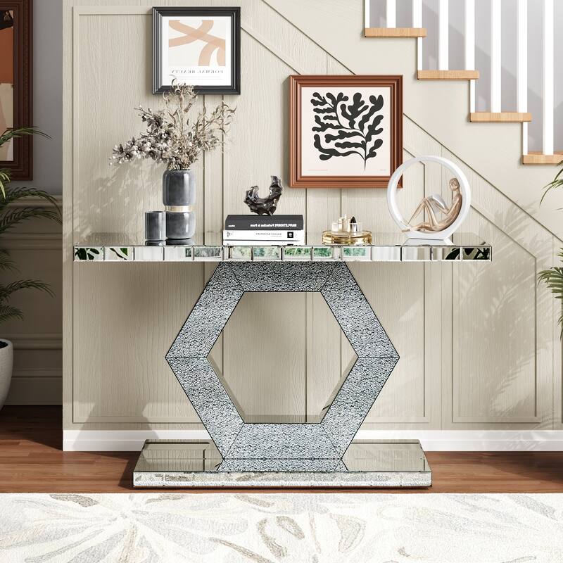Crystal Hexagon Mirror Console Table Accent Table, Solid Wood Frame Entryway Table Foyer Table with Diamond Glass Effects