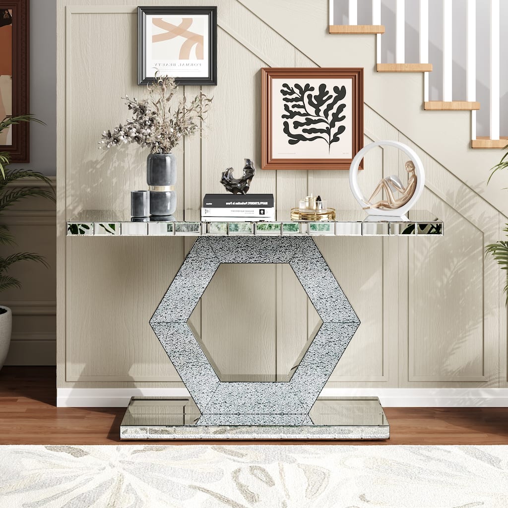 Roomfitters 55" Sparkling Crystal Mirror Console Table, Hexagon Diamond Glass Entryway Table with 2 Tiers, Silver