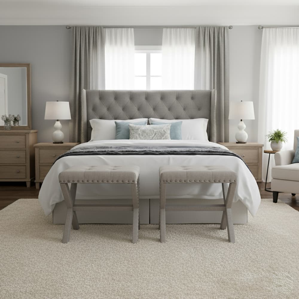 Modern Chic Vanity Stool X-Base Ottoman With Nailhead Trim (Set of 2)