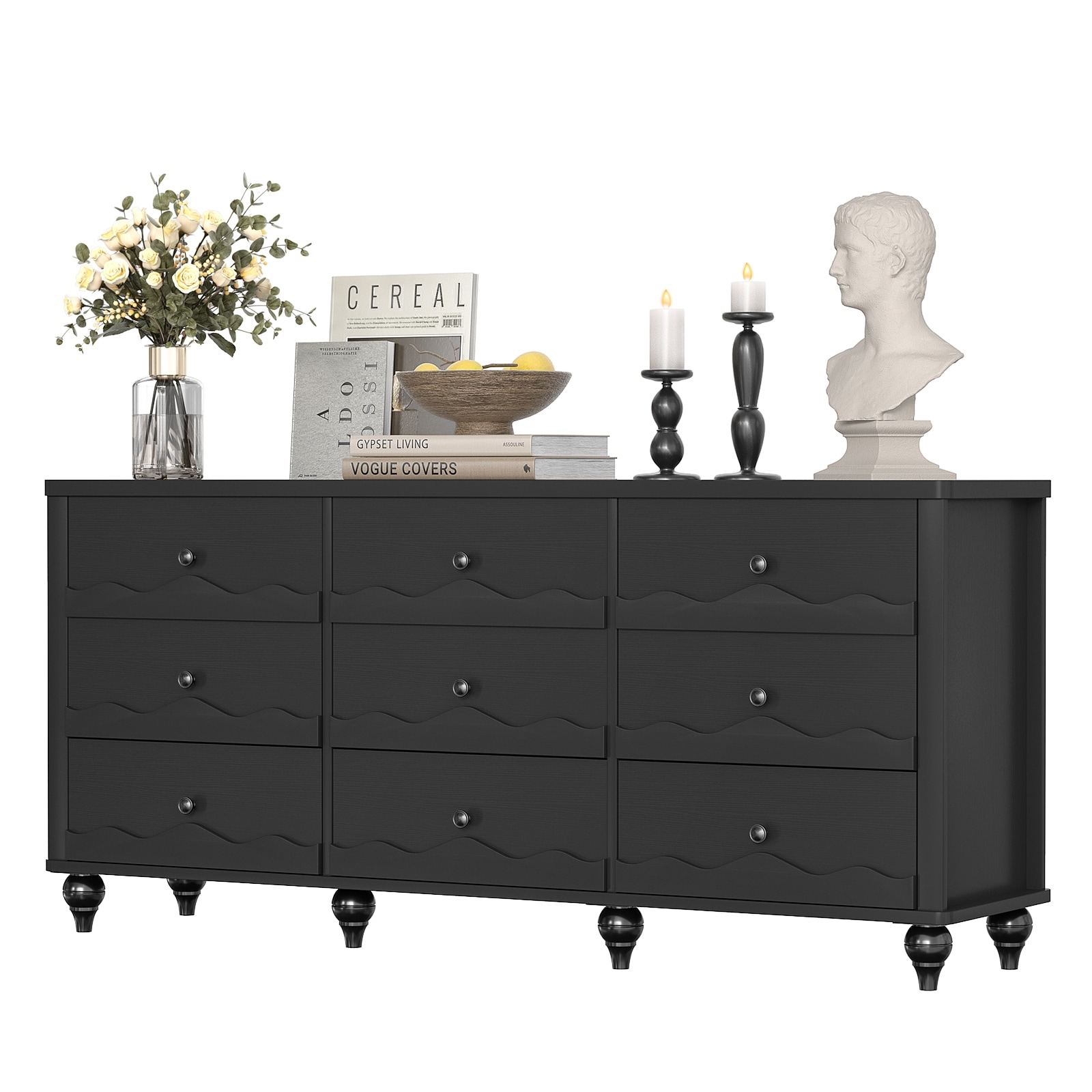 Narill Wave-Inspired 9-Drawer Dresser Closet Organizer, 63-In Chest of Drawers TV Stand