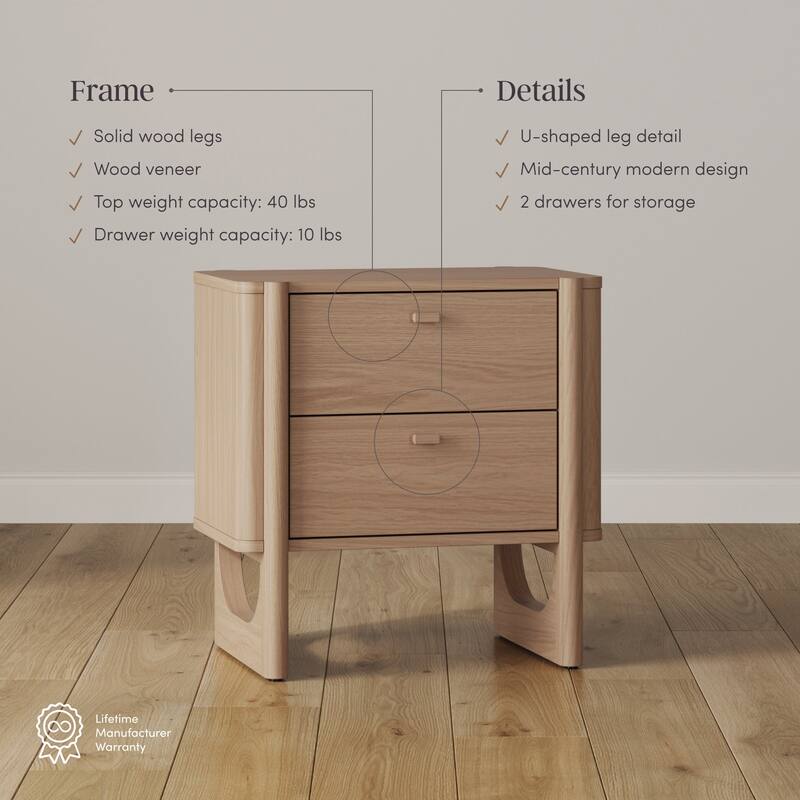 Solace Mid Century Modern 2-Drawer Nightstand with Solid Wood Frame and Rounded Details