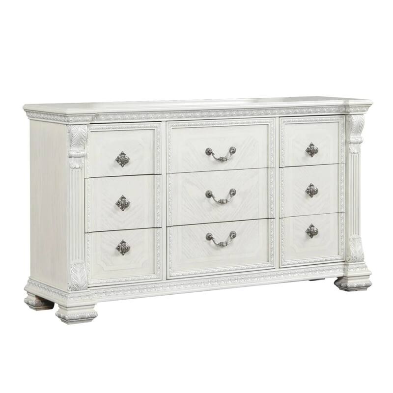 Naddy Wide Dresser, White Pine Wood, 9 Drawers w Metal Handles