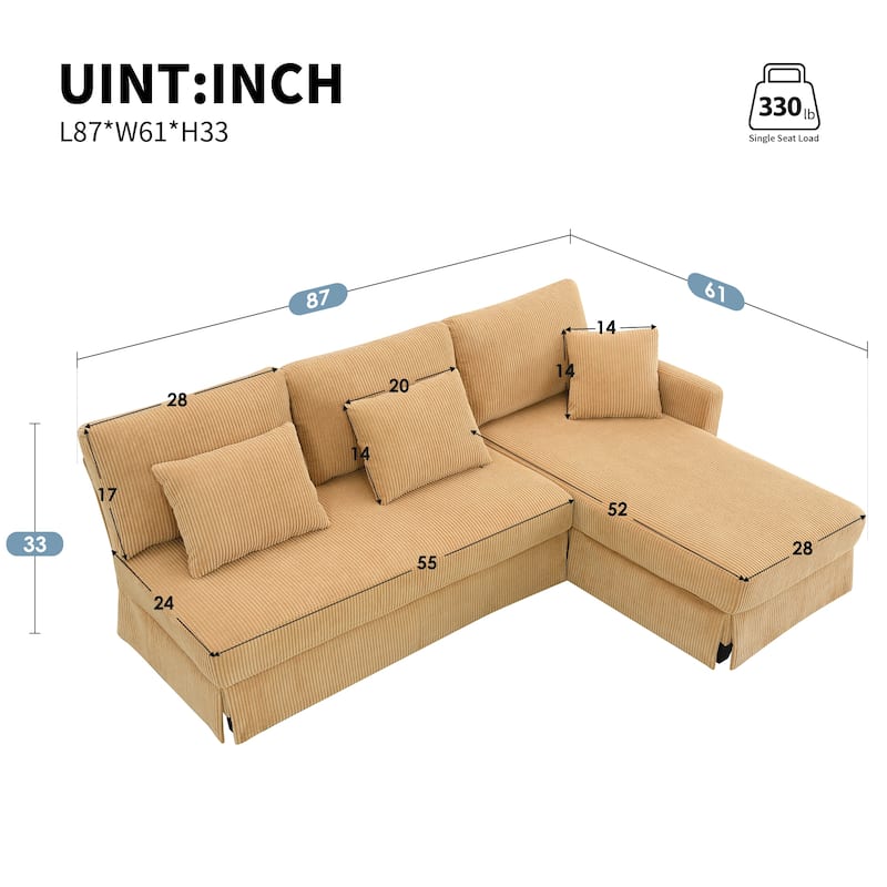 87" Modern L Shaped Sofa with Reversible Chaise,Corduroy Upholstered Sectional Sofa with Pillows