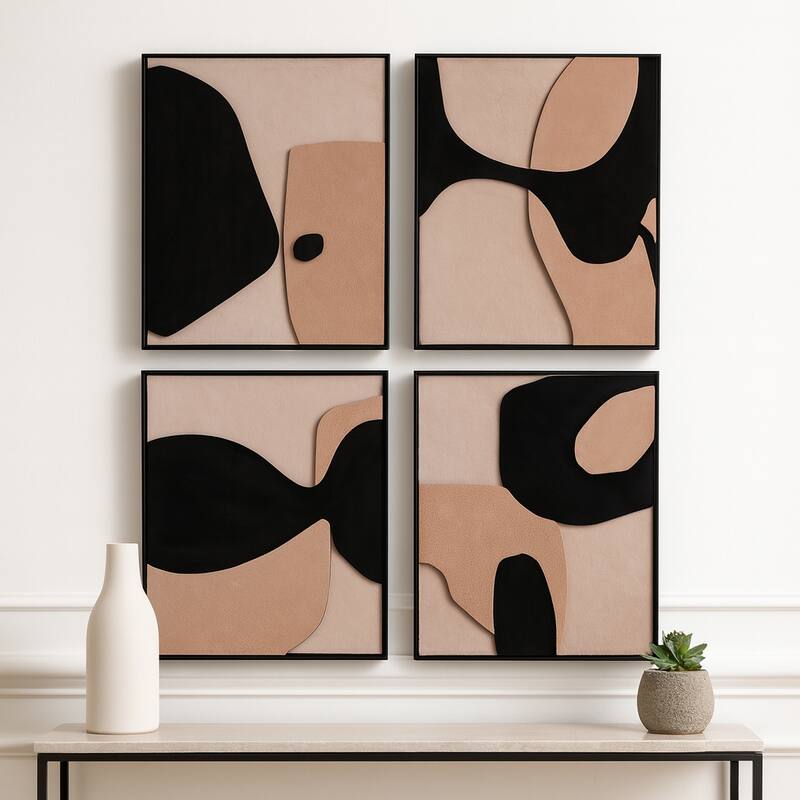 Leather Suede Wall Art Abstract Shapes (Set of 4) - 20" Brown/Black