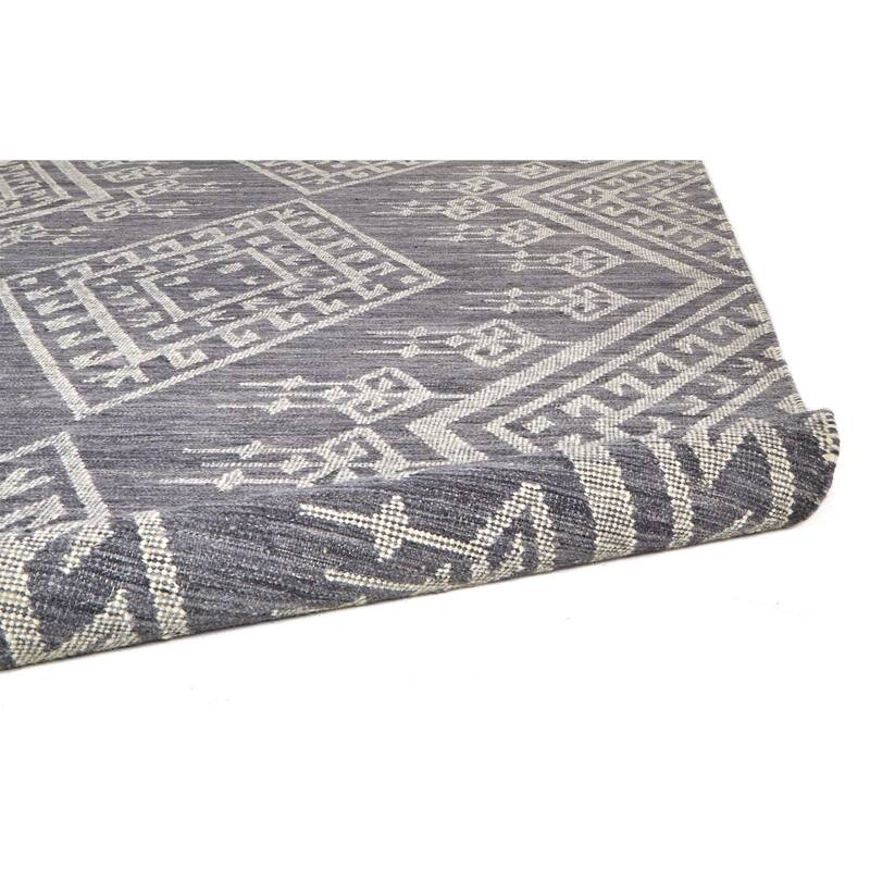 Bray Bohemian Geometric Flatweave Rug, Dusty Blue/Ivory, Area Rug