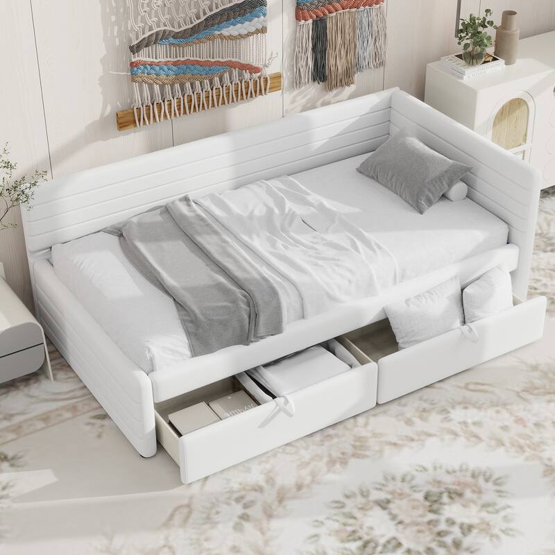 Twin Size Upholstered Daybed with Roll-Out Trundle, Space-Saving Wooden Frame, No Box Spring Needed