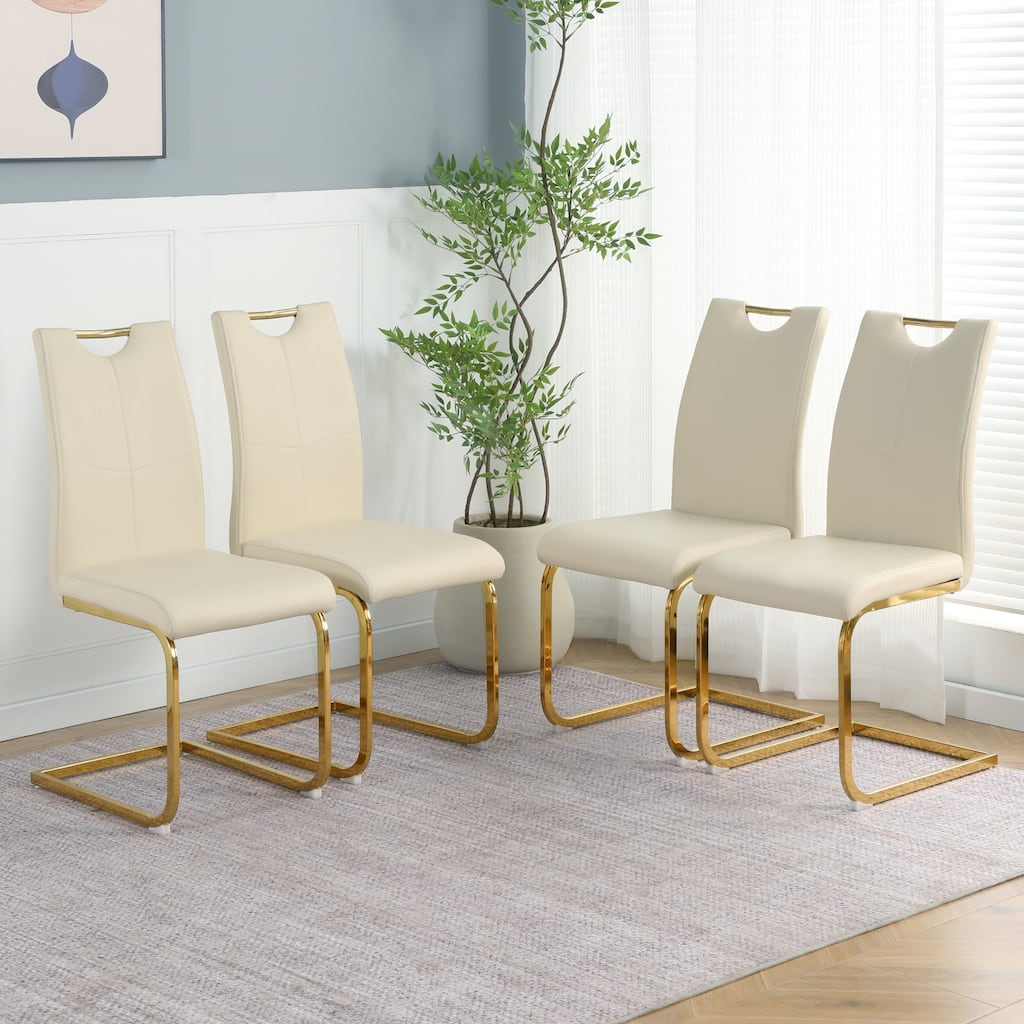 Modern PU Dining Chair, Living Room Chair, Upholstered Chair, Gold Metal Chair Leg Design, Kitchen (Set Of 4)