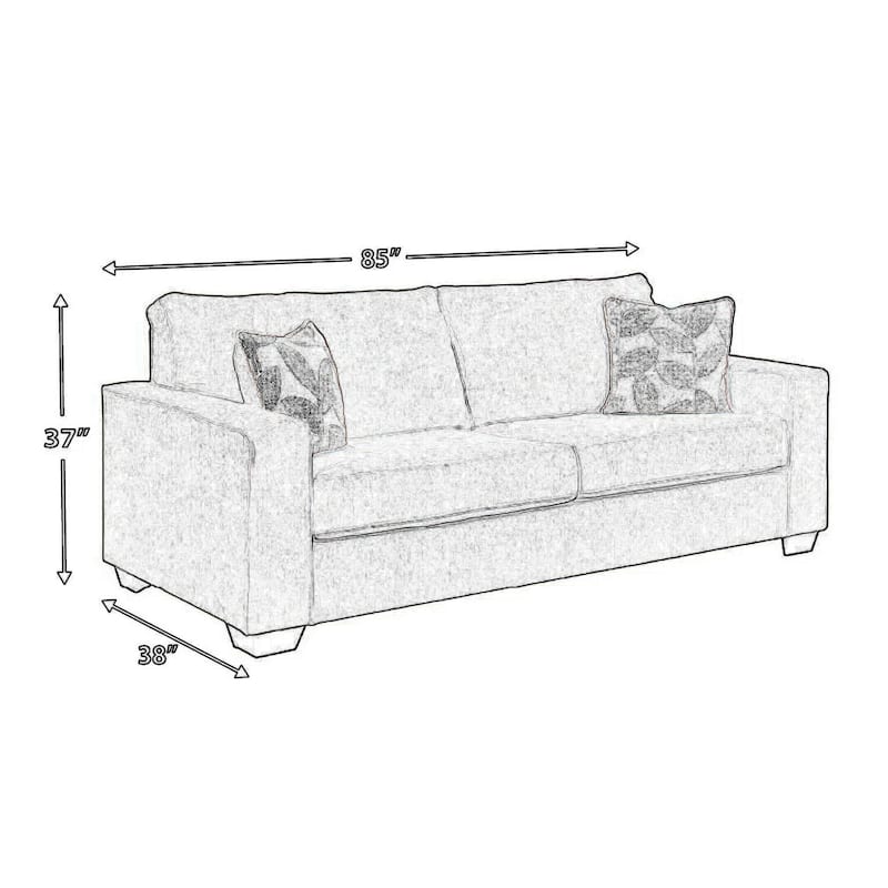 Alti 85 Inch Sofa with 2 Floral Print Throw Pillows, Light Gray Chenille