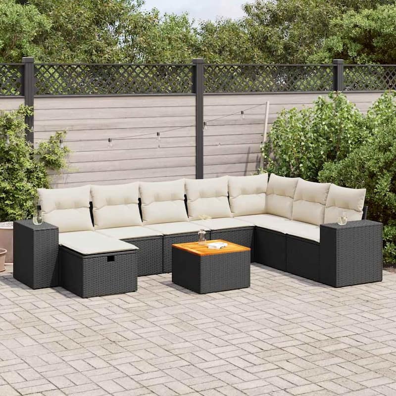 vidaXL Patio Sofa Set with Cushions Outdoor Furniture 9 Piece Poly Rattan - Black and cream with storage - 21.7 x 21.7 x 14.6 in