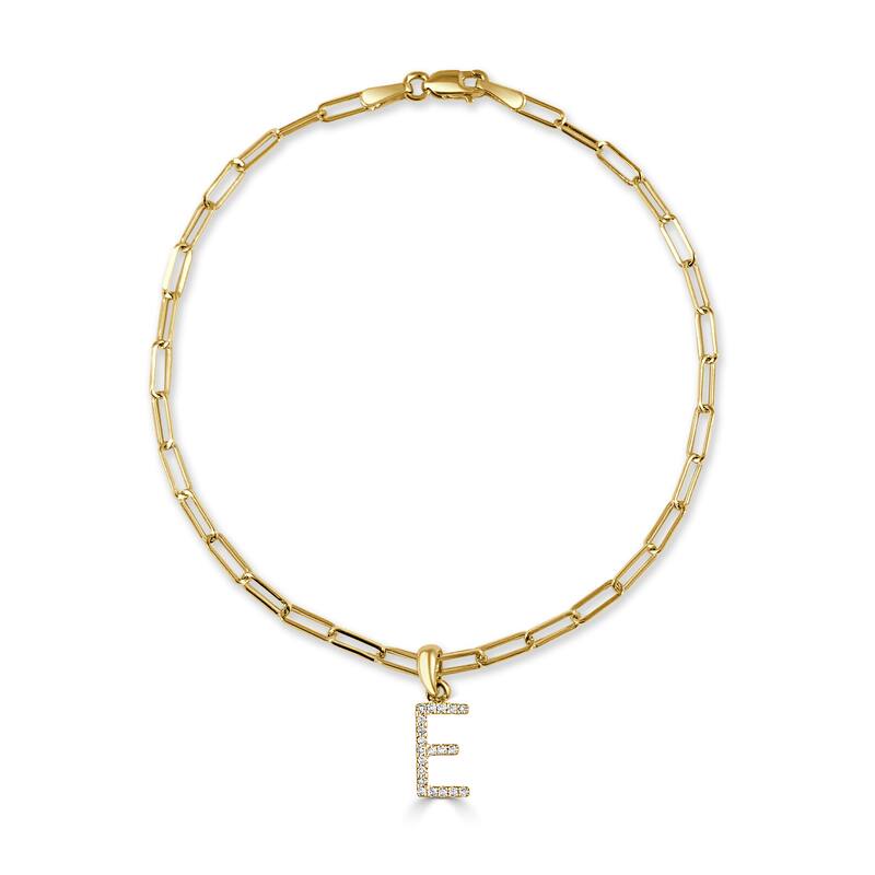 Joelle Collection Diamond Initial Letter A-Z Bracelet Paperclip 14K Gold 7" Chain 1/10 TDW Bracelet - E - Yellow