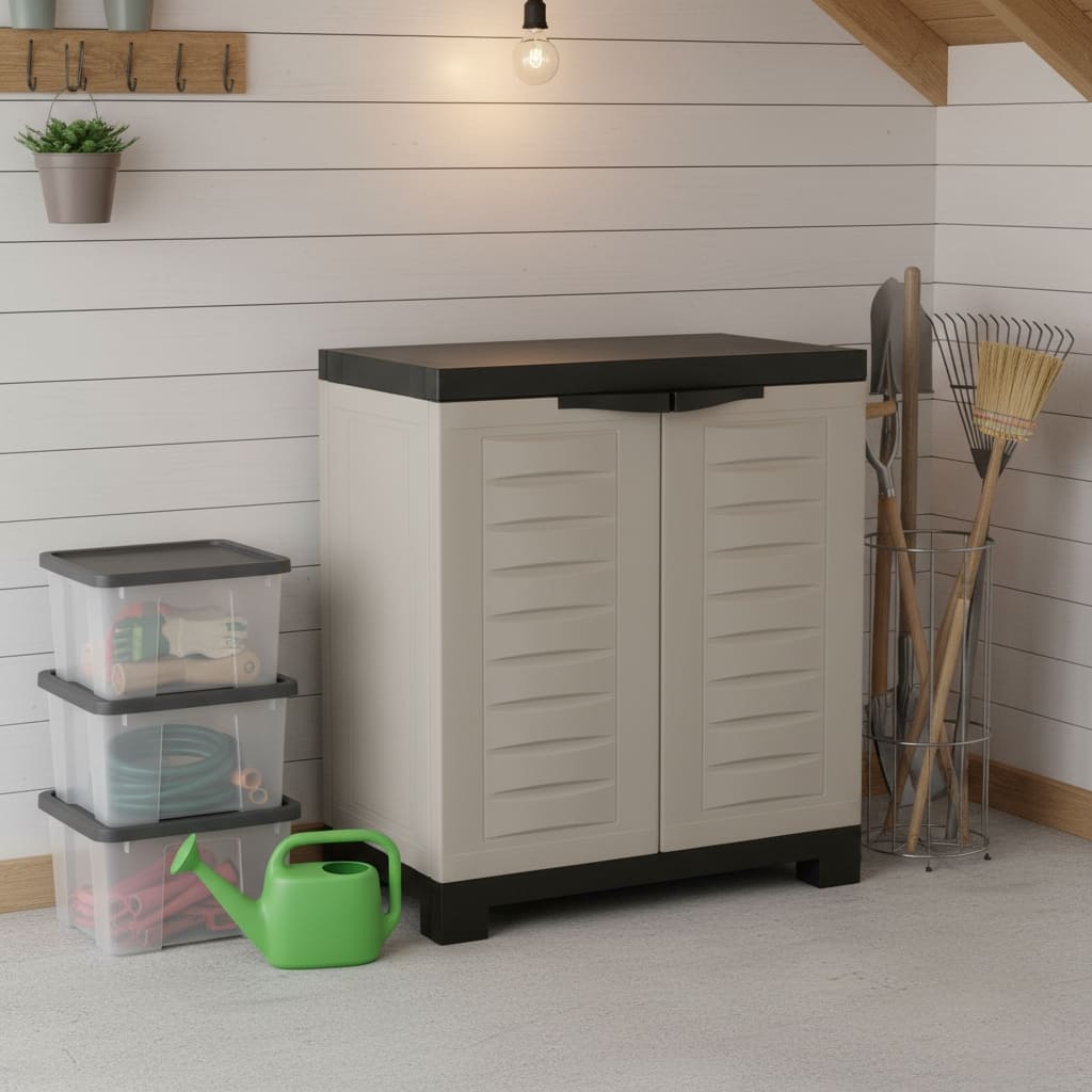 HomeRoots 26" Gray And Black Heavy Duty Plastic Two Door Utility Cabinet - 23.25 in. x 25.50 in. x 13.75 in.