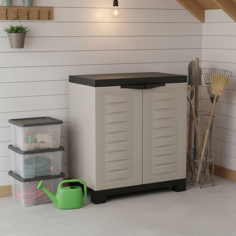 HomeRoots 26" Gray And Black Heavy Duty Plastic Two Door Utility Cabinet - 23.25 in. x 25.50 in. x 13.75 in. - Black/Gray