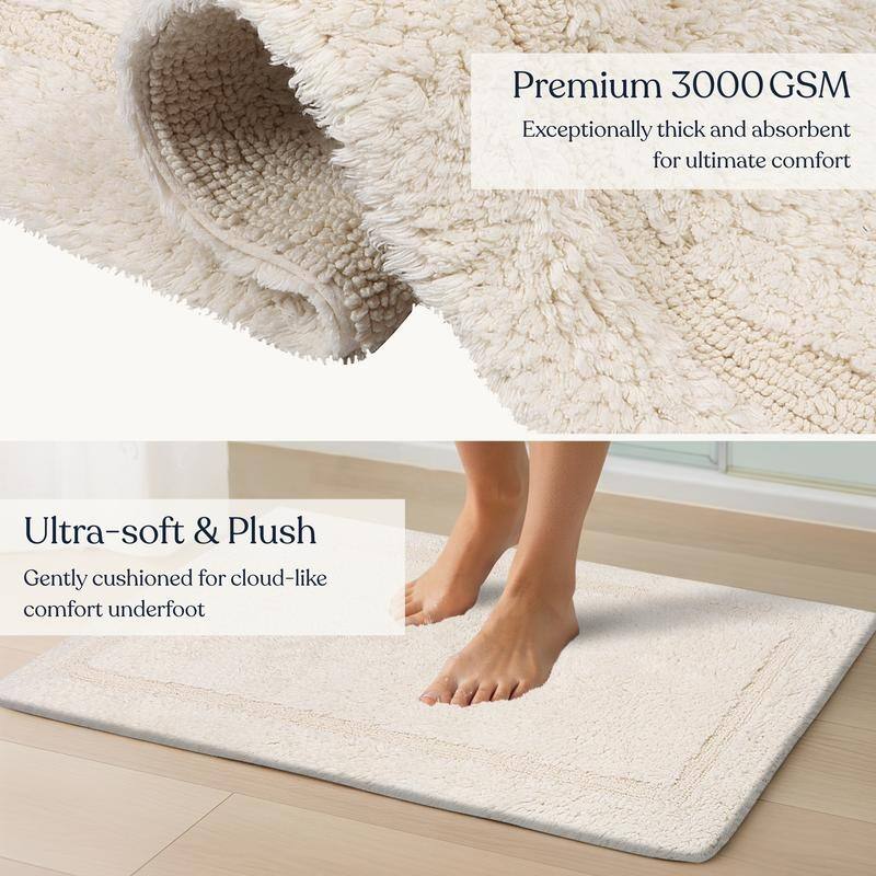 Delara Organic Cotton Reversible Bath Mat, 3000 GSM, GOTS Certified, Ultra-Thick & Super Absorbent, Quick-Drying Bathroom Rug