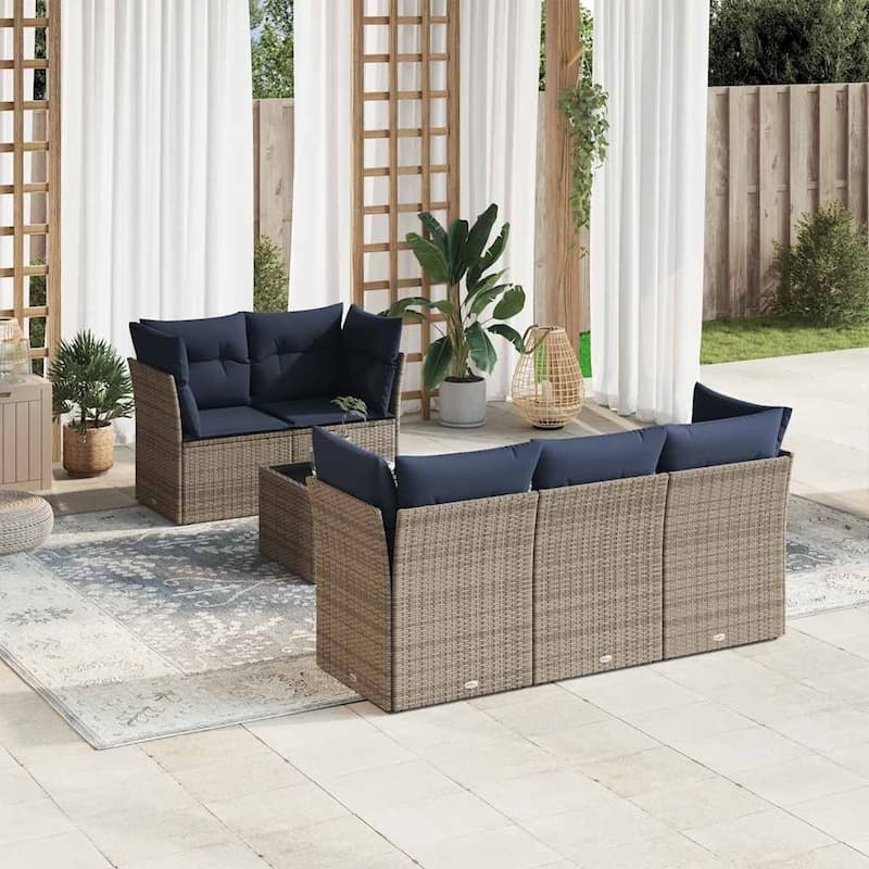 vidaXL 6 Piece Patio Sofa Set with Cushions Gray Poly Rattan - 24.4 x 24.4 x 27.2