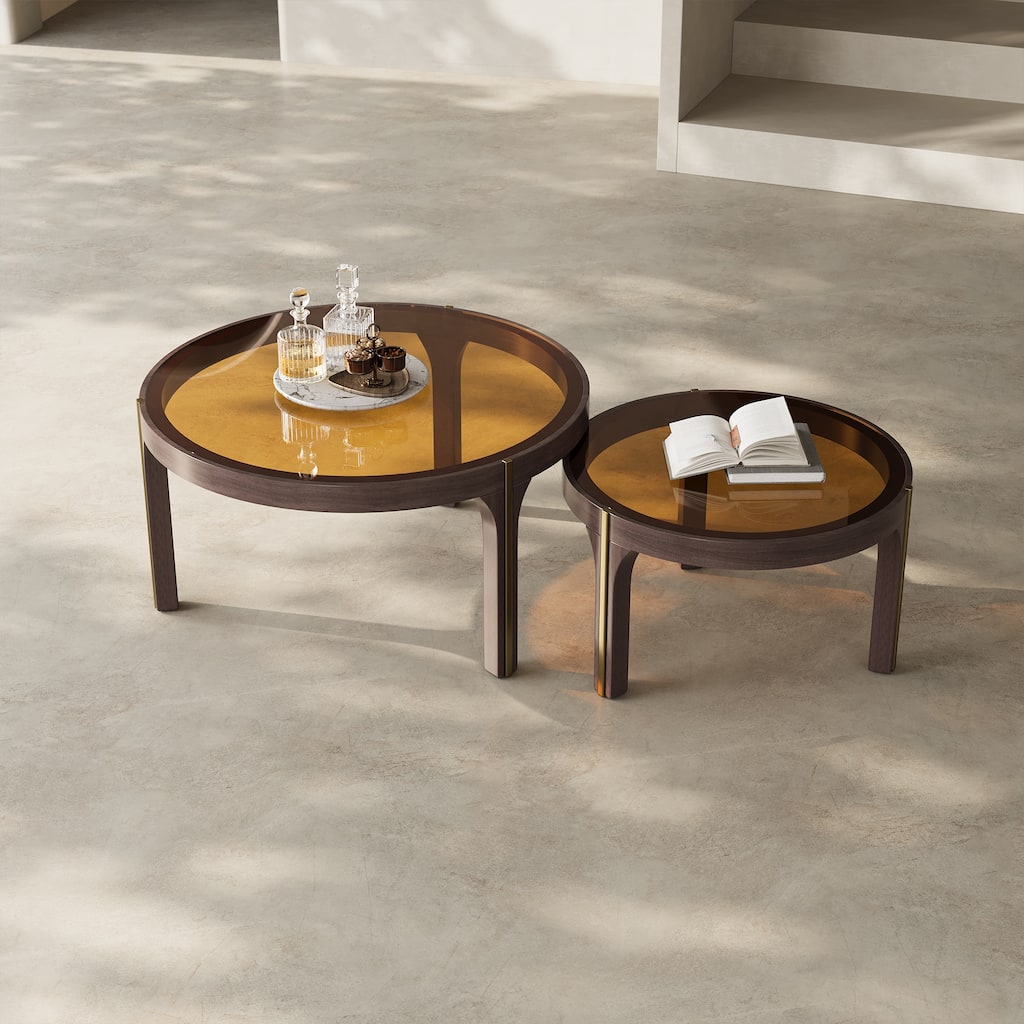 Modern Coffee Table Set of 2,Brown tempered glass tabletop, solid wood legs,31.5+23.62"