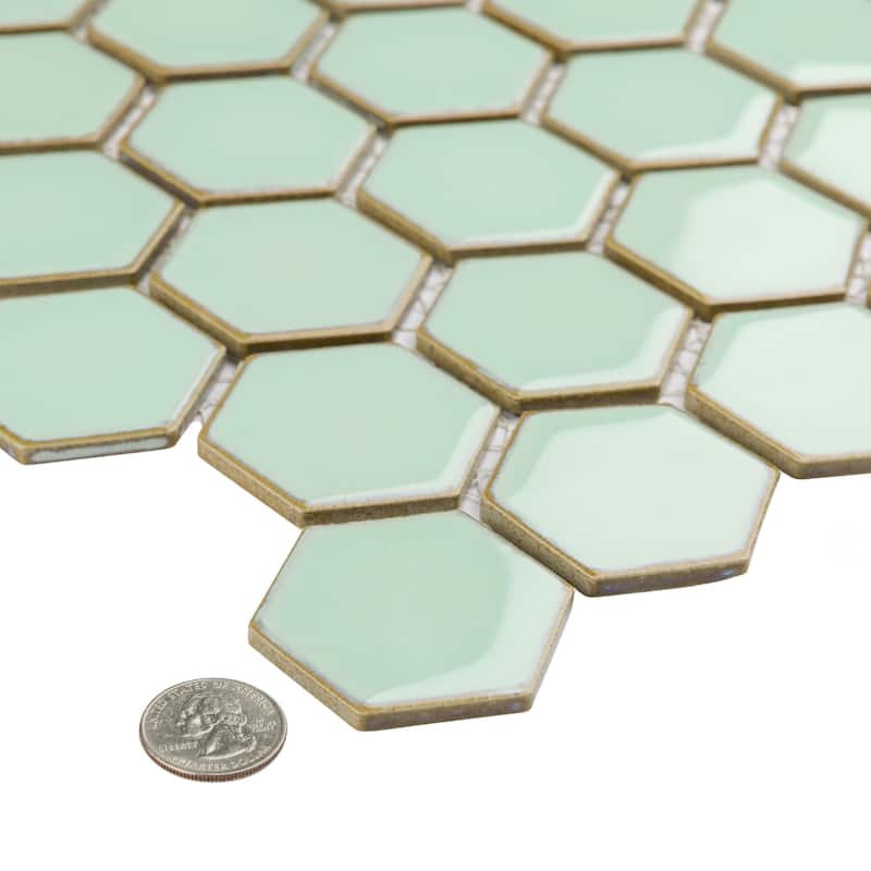 Merola Tile Hudson Due 2" Hex Light Green 10-7/8" x 12-5/8" Porcelain Mosaic Floor and Wall Tile