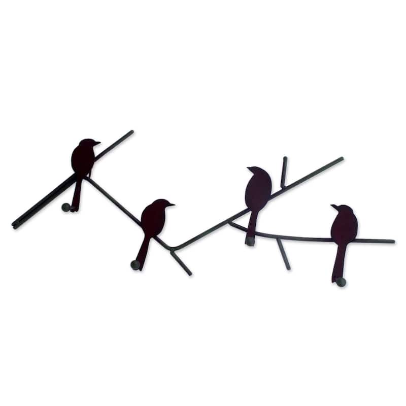 NOVICA Birds On a Wire Indoor Outdoor Four Peg Hook Key or Coat Rack Brown Rustic Iron Metal Wall Art Hange - Brown - Iron