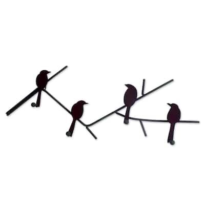 NOVICA Birds On a Wire Indoor Outdoor Four Peg Hook Key or Coat Rack Brown Rustic Iron Metal Wall Art Hange