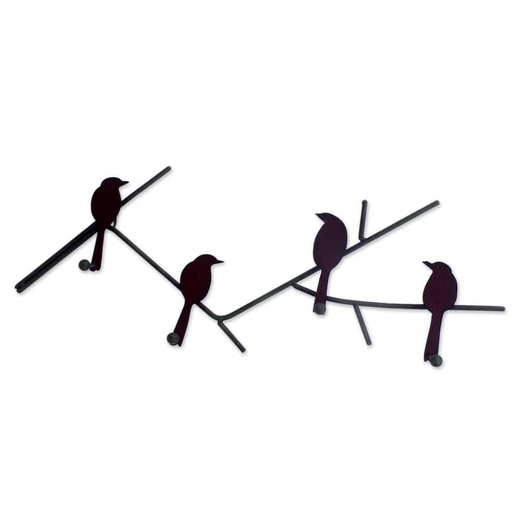 NOVICA Birds On a Wire Indoor Outdoor Four Peg Hook Key or Coat Rack Brown Rustic Iron Metal Wall Art Hange