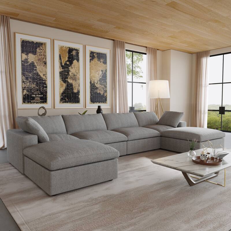 U-shape Linen Upholstered Sectional Sofa Multiple Cushions Modular Couch
