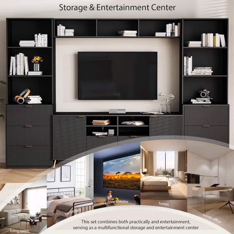 4-Piece Entertainment Wall Unit with 13 Shelves, 8 Drawers, and 2 Cabinets