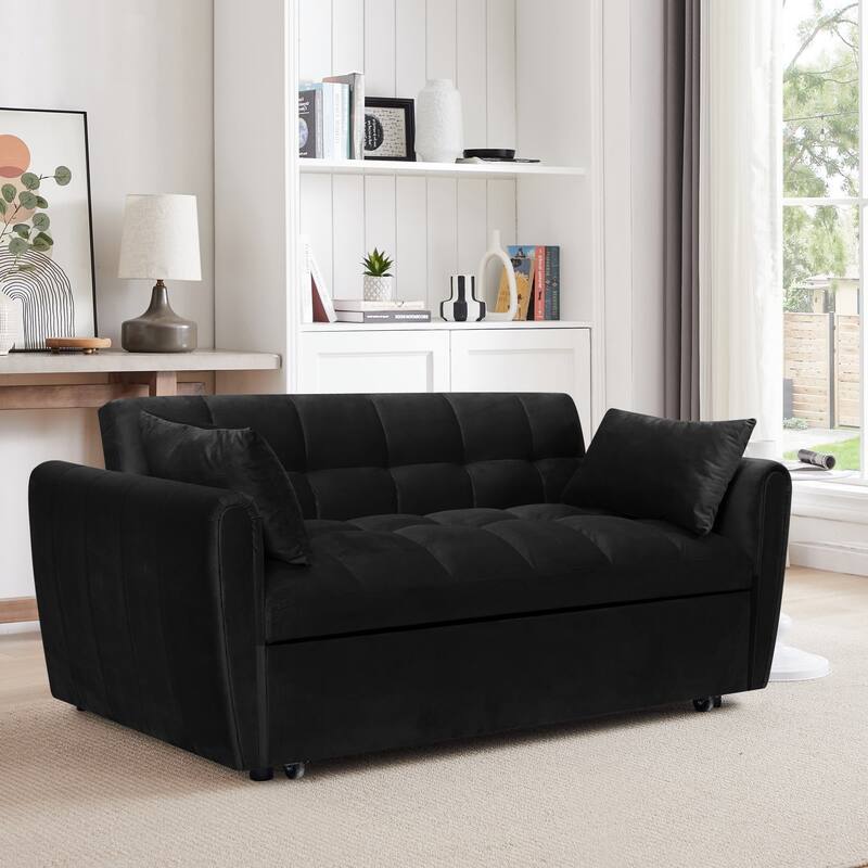 64.9" 3-in-1 Convertible Velvet Double Futon Sofa Bed with 2 Pillows