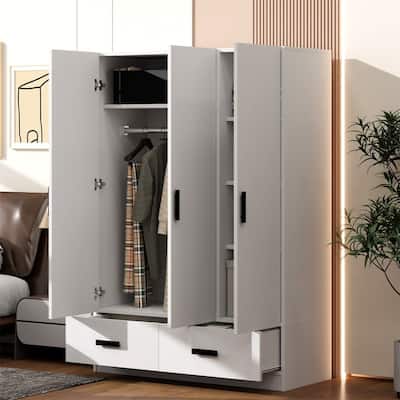 3 Door Bedroom Wardrobe Armoire with 2 Storage Drawers and Hanging Rod, Solid Wood Closet with Storage Shelves