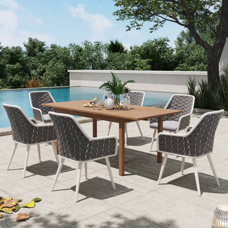 Outdoor Extendable Acacia Dining Set with 6 Rope-Back Chairs