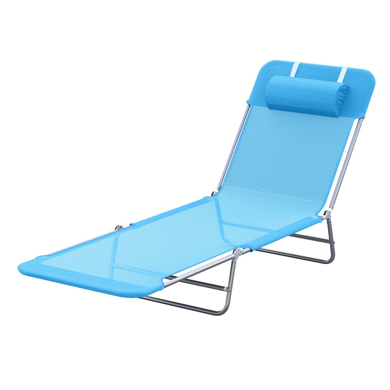 Outsunny Portable Sun Lounger, Folding Chaise Lounge Chair w/ Adjustable Backrest & Pillow for Beach, Poolside and Patio, Blue